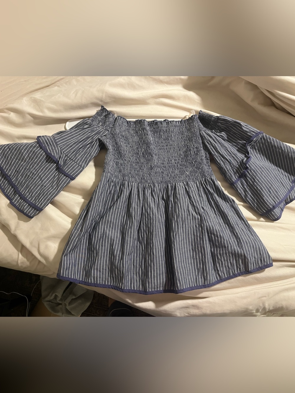American Eagle Outfitters Navy and White Striped Off-Shoulder Smocked Top